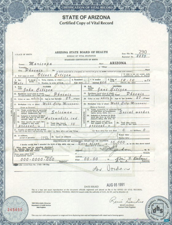 Download USA Arizona state birth certificate template in PSD format Photoshop template